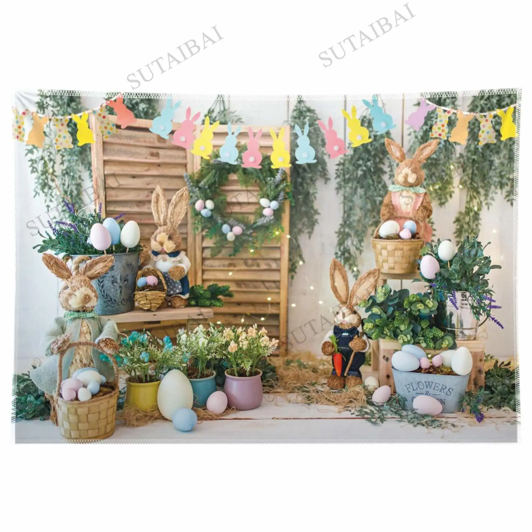 

Easter Backdrop Bunny Rabbit Eggs Basket Baby Shower Party Happy Easter Spring Photography Background for Photo Studio Banner