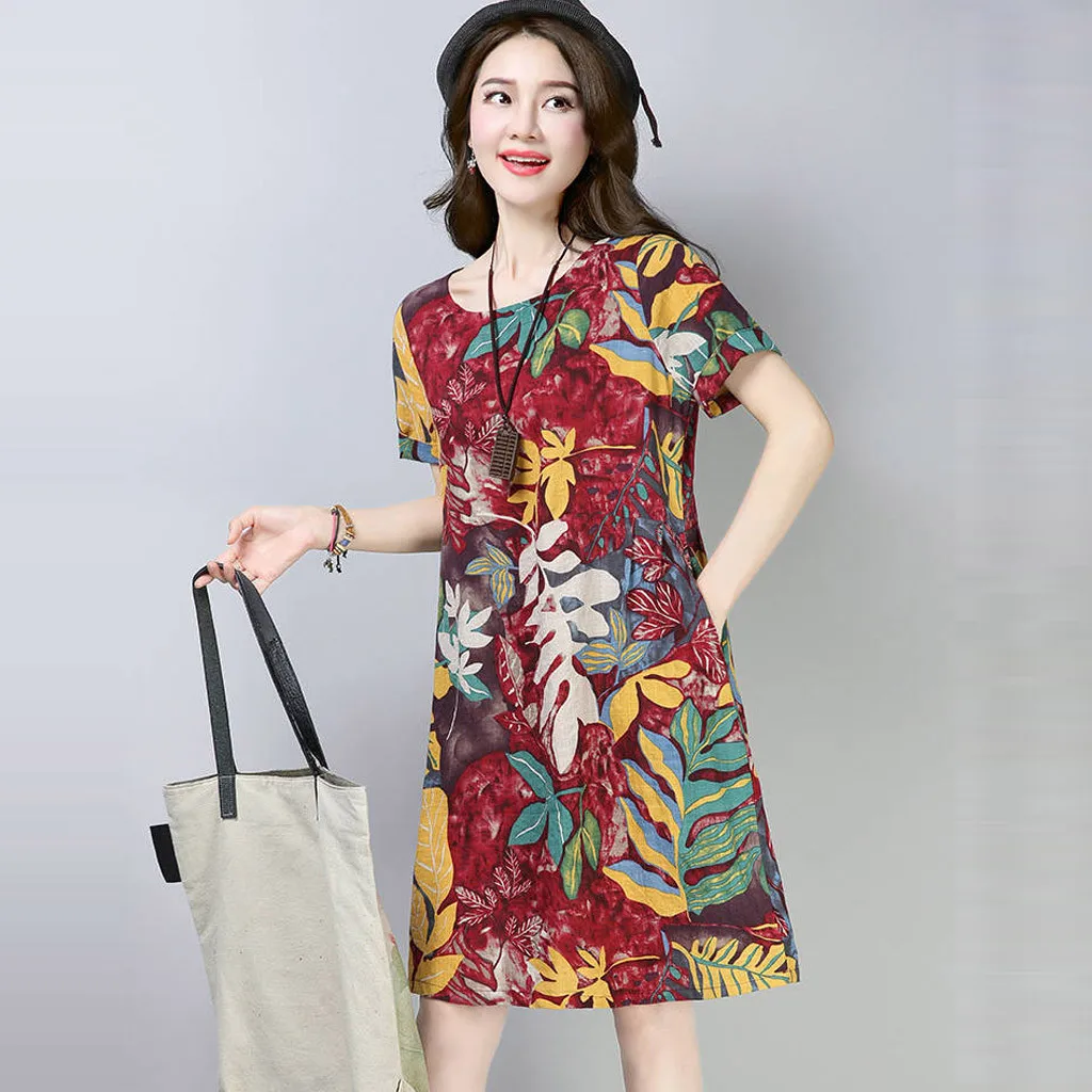 Летнее модное повседневное женское платье с круглым вырезом и коротким рукавом