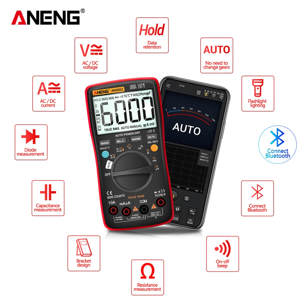ANENG-multímetro Digital AN9002 con Bluetooth, multímetro profesional de 6000 recuentos, RMS, probador de voltaje de corriente AC/DC, rango automático