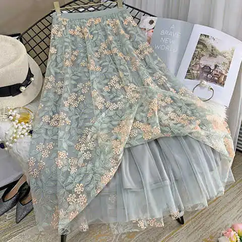 

Fanghua / skirt female Mori embroidery mesh skirt 2021 summer new high waist medium length A-line pleated skirt