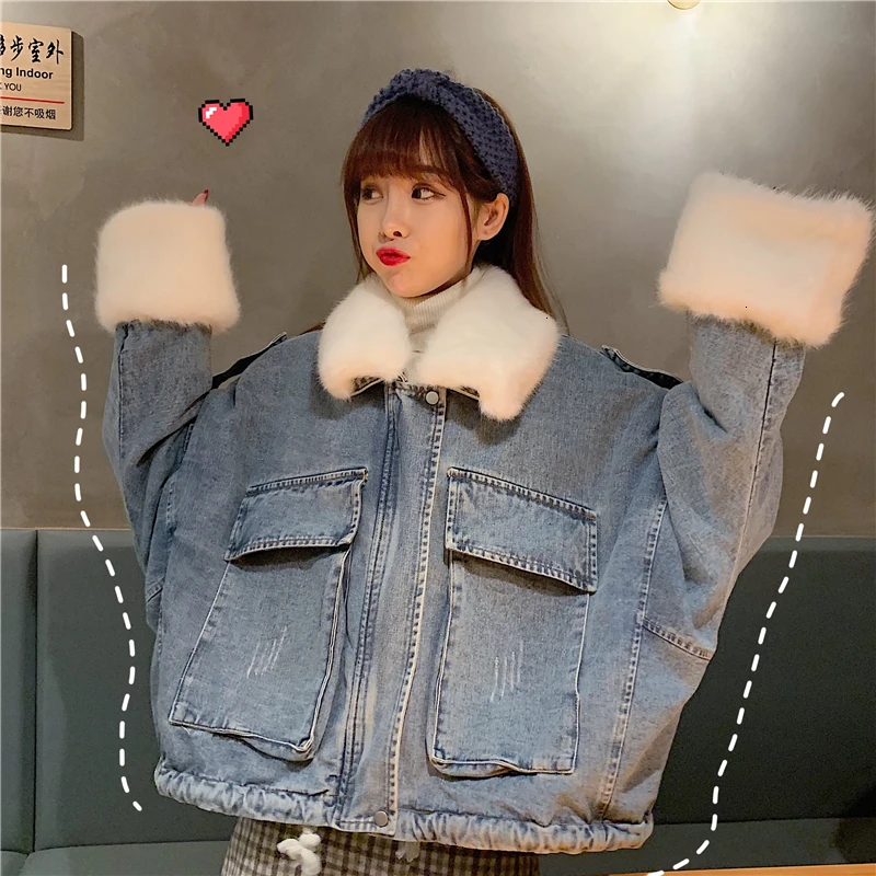 Новинка, модная осенне-зимняя джинсовая куртка для женщин, имитация кролика, вельветовое пальто, женский меховой воротник, съемная подкладка, F278