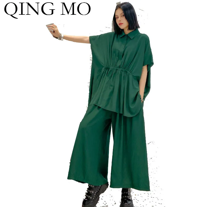 QING MO черный зеленый женский летний комплект 2020 топ с отворотом + широкие брюки