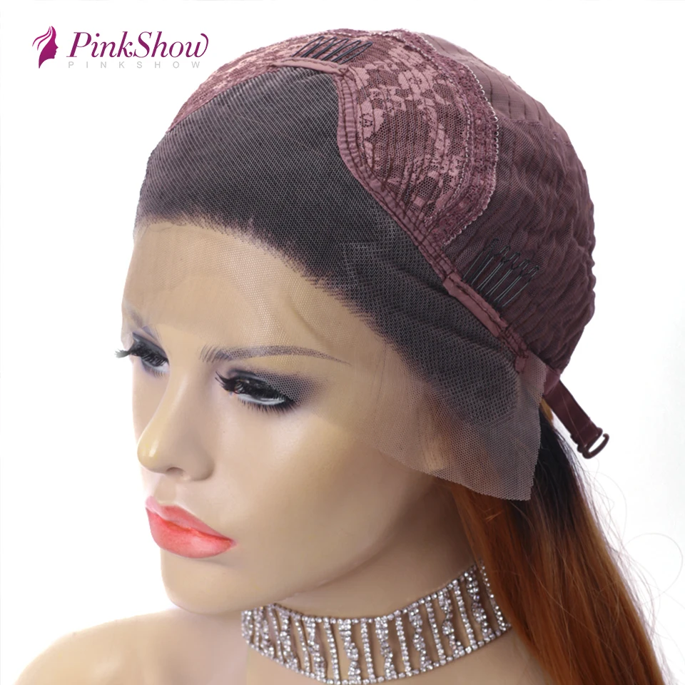 

PINKSHOW Brown Golden Wigs For Women Long Synthetic Lace Front Wig Straight Hair Heat Resistant Fiber Dark Root Daily Wigs