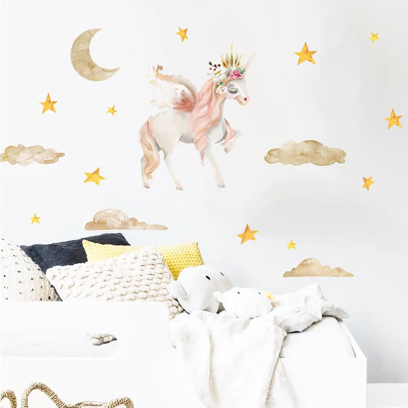 Акварель Наклейка на стену в форме единорога детской комнаты настенный Декор