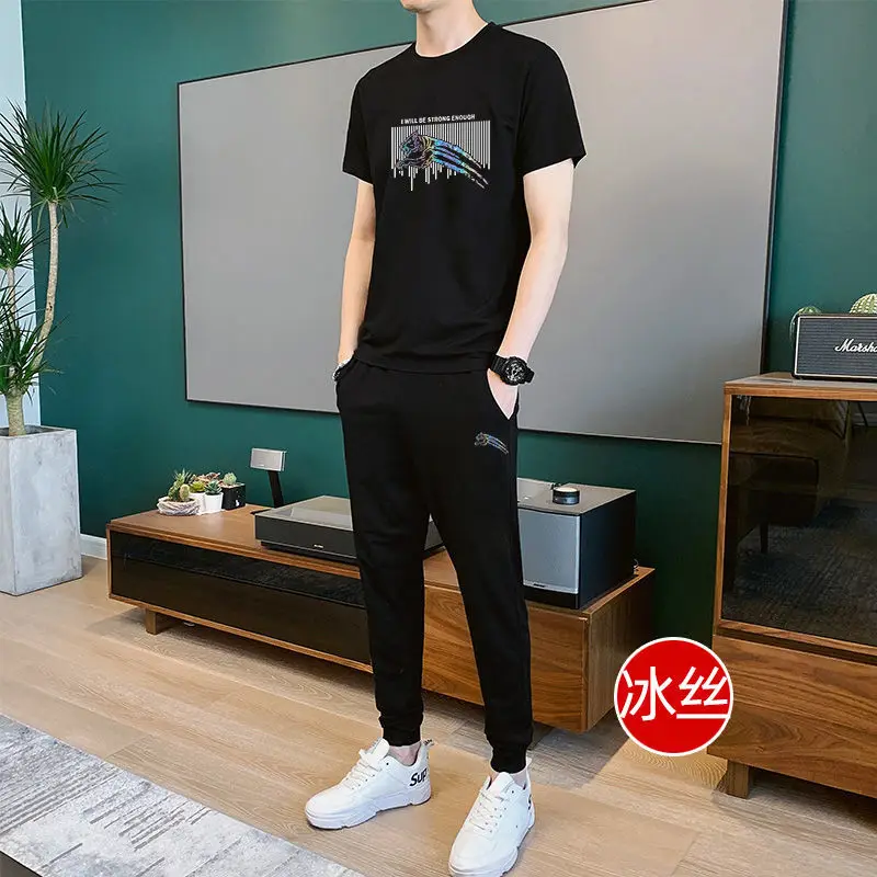 

Men's Casual Suit 2021 Summer New Sports and Leisure Youth Ice Silk Short-sleeved Elastic Band Printed Trousers Men's Suit
