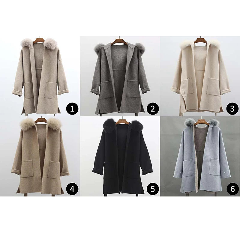 

Short Cuffs Without Wool Double-Sided Tweed New Women's Loose Pocket Wool Coat Fox Collar Wool Overcoat