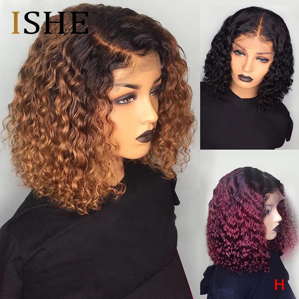 

1B/99J Ombre Burgundy Short Human Hair Wigs Pre Plucked Curly Honey Blonde Lace Front Bob Wig 13X6 Brazilian Remy Wig 150% ISHE