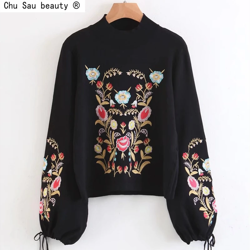 Spring 2021 New Fashion Vintage Urban Casual Floral Embroidery O-Neck Lace-Up Long Sleeve Straight Pullover Sweater For Women
