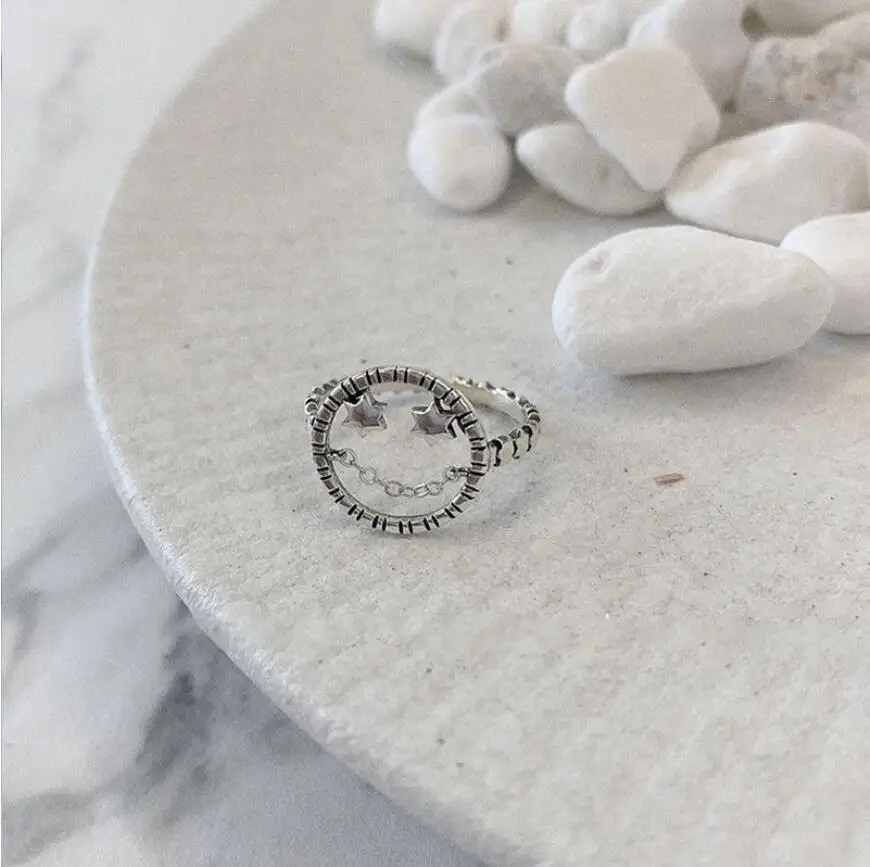 

925 Sterling Silver Ins Retro Smiley Five-Pointed Star Hollow Index Finger Opening Rings For Women Fine Jewelry Birthday Gift