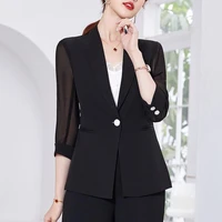 summer korean style thin straight blazer feminino white blazer notched black suit coat women clothes