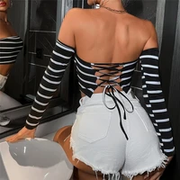 2021 halter strap striped long sleeved vest black and white striped sexy slim fit one neck pullover tube top t shirt