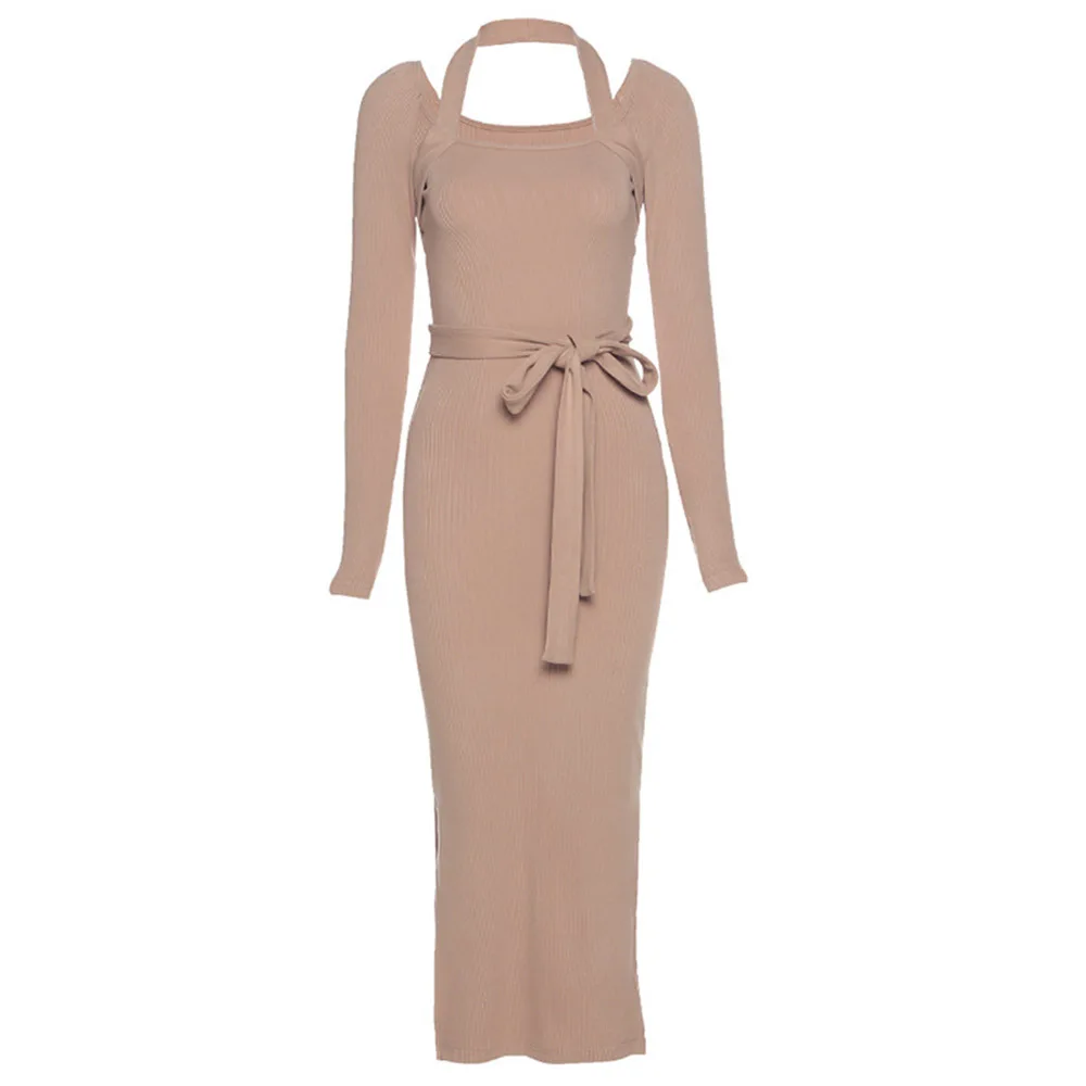 

2021 осень/зима модные женские элегантные ретро новые приталенные платья с длинными рукавами с квадратным вырезом и лямкой через шею с высоки...