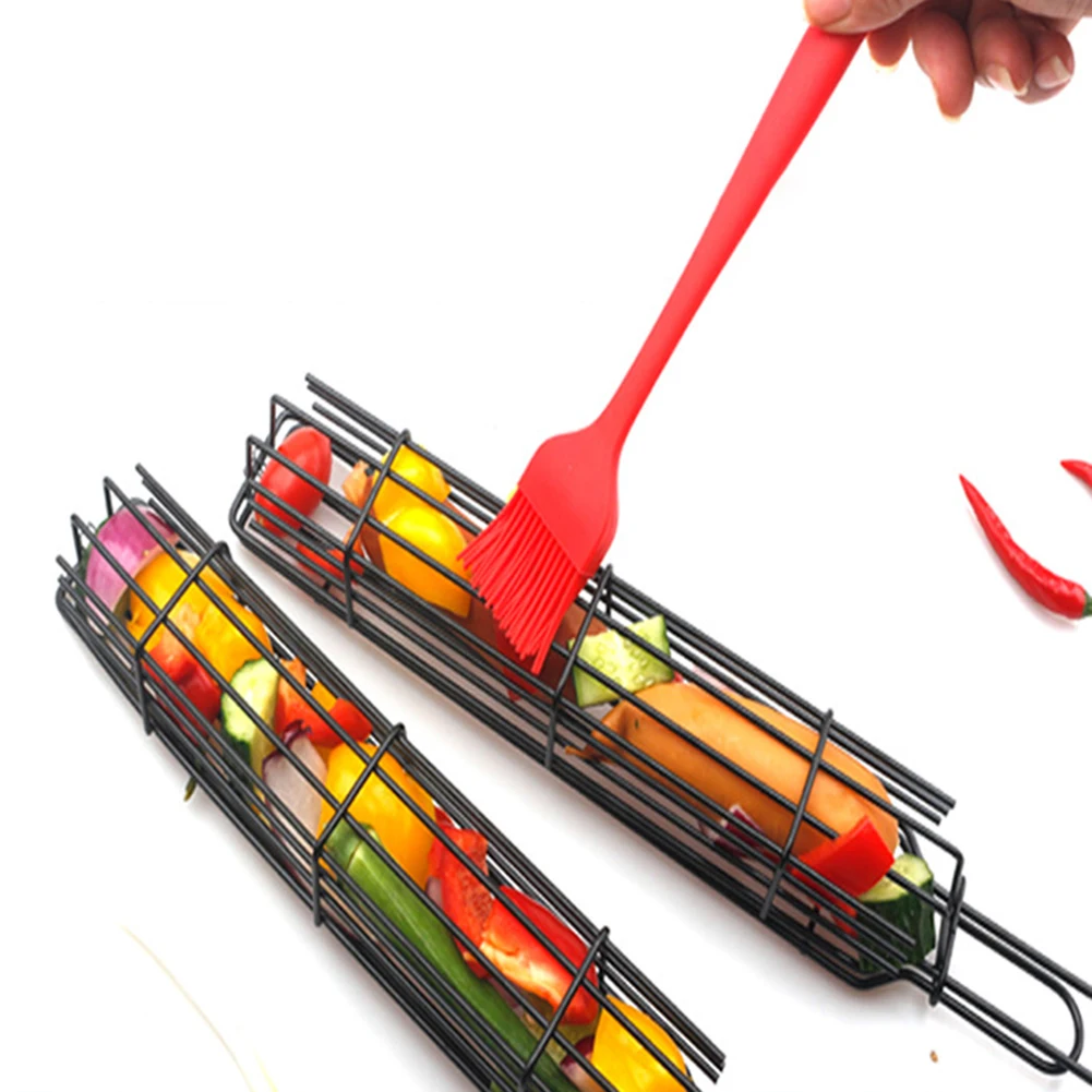 

2 PCS Portable BBQ Basket Wooden Handle Stainless Steel Nonstick Kabob Grilling Mesh Barbecue Outdoor Kitchen Tools Accessories