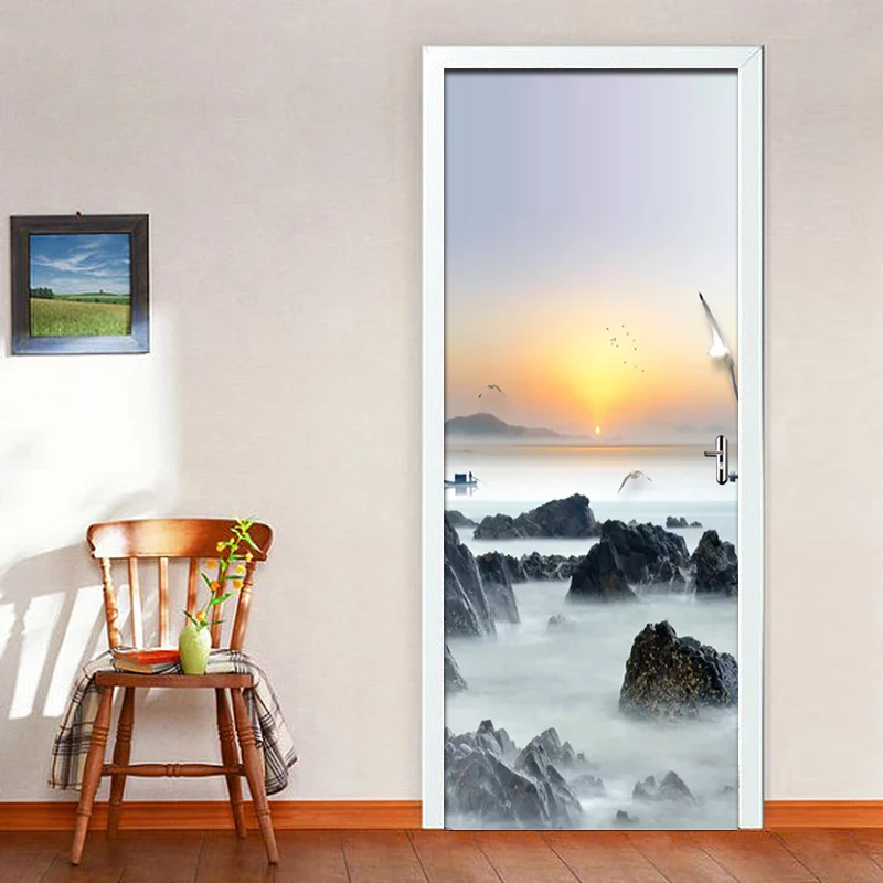 ПВХ самоклеющиеся 3D наклейки на дверь восходящие солнечные чернила пейзаж DIY