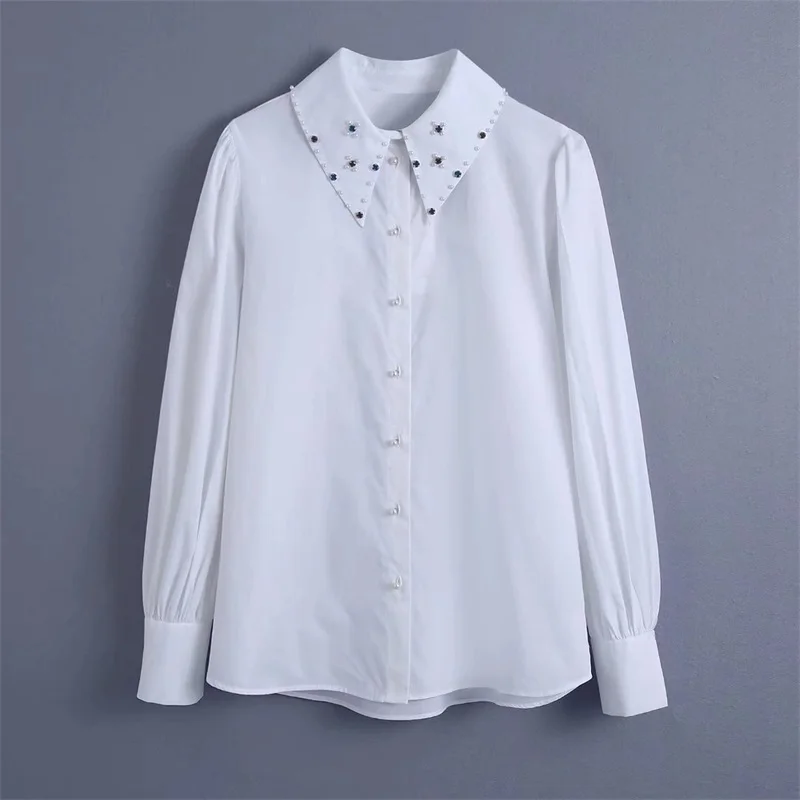 

TRAF Women 2022 Fashion Artificial BeJewelled Poplin Shirts Vintage Long Sleeve Button-up Female Blouses Blusas Streetwear