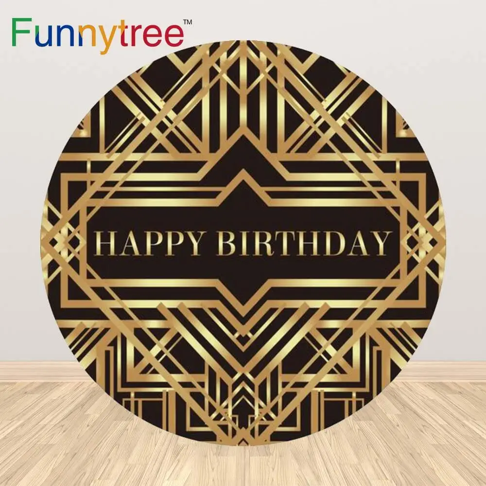 

Funnytree Great Gatsby Round Backdrop Black Gold Line Child Happy Birthday Party Banners Wallpaper Custom Baby Shower Photoshoot