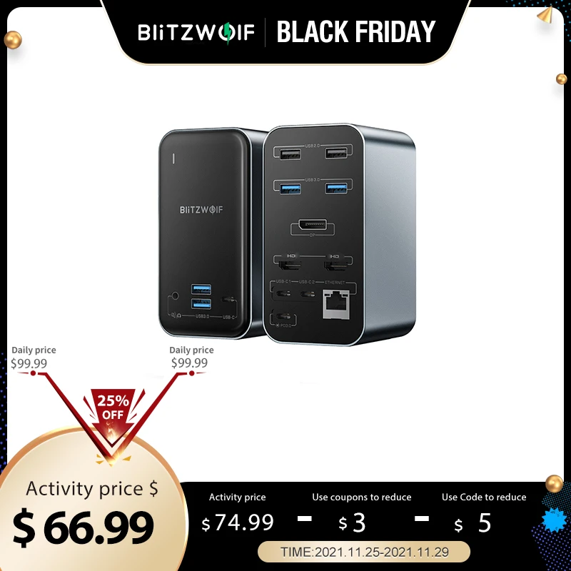 BlitzWolf BW-TH14 15-in-1 USB C Docking Station 100W Power with HD 4K Triple Display 5Gbps Data Transfer 1000Mbps Ethernet Port |