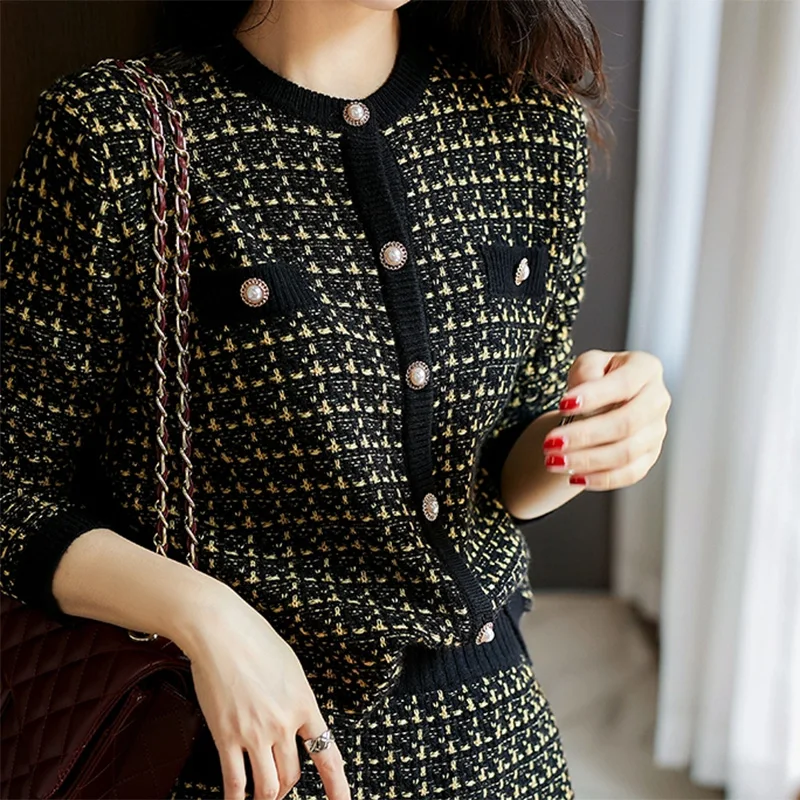 Fall Winter 2021 New Women Tweed Office Suit Single Buttons Breasted Cardigans Coat Top And High Waist Mini Skirt Knit 2PCS Sets