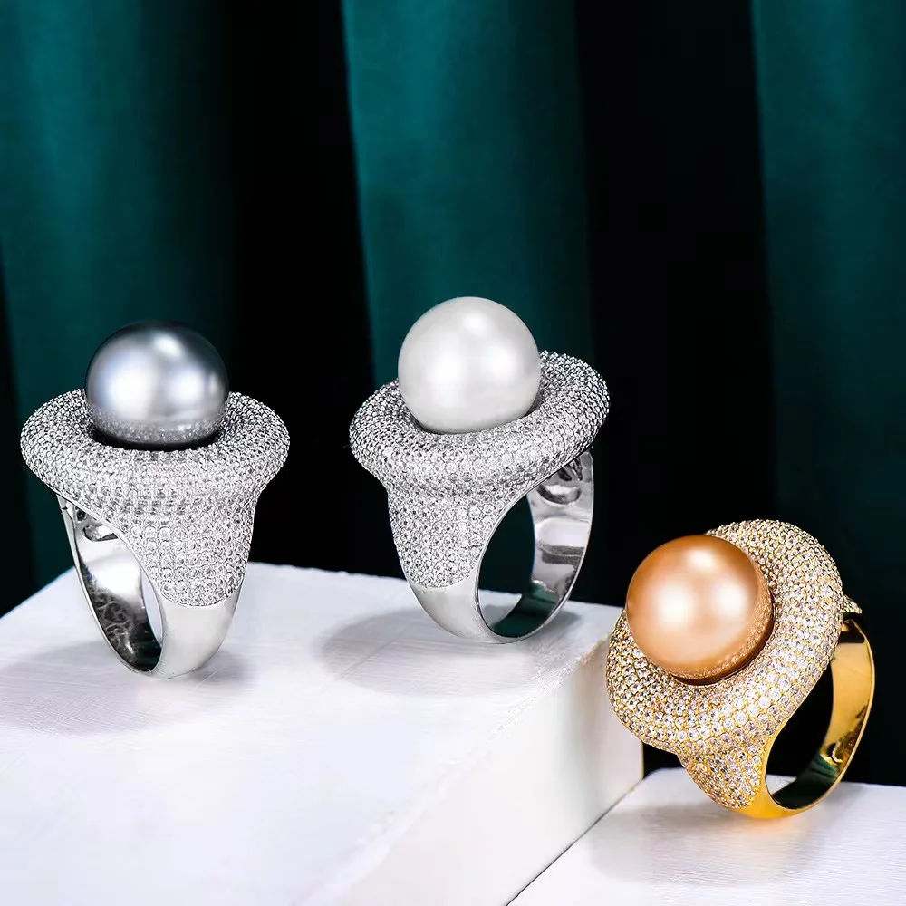 

EYER модные роскошные ювелирные изделия 2021 ювелирные изделия с кубическим цирконием новые кольца с жемчугом разного размера для вечеринки для женщин Свадебные ювелирные изделия