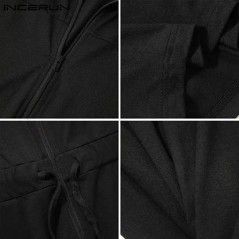 

INCERUN Summer Men Rompers Solid Color Streetwear Zipper Lapel Short Sleeve Drawstring Casual Jumpsuit 2021 Workout Men Overalls