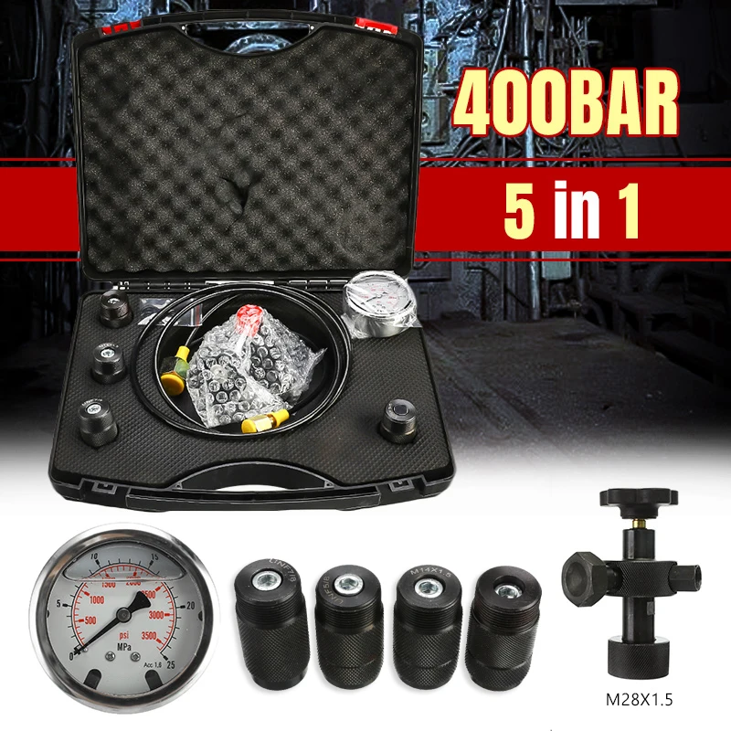 

400BAR 5-in-1 Hydraulic Accumulator Nitrogen Charging Filling Gas Valve Pressure Gauges Test Kit Gauges Set Five Type Adapter