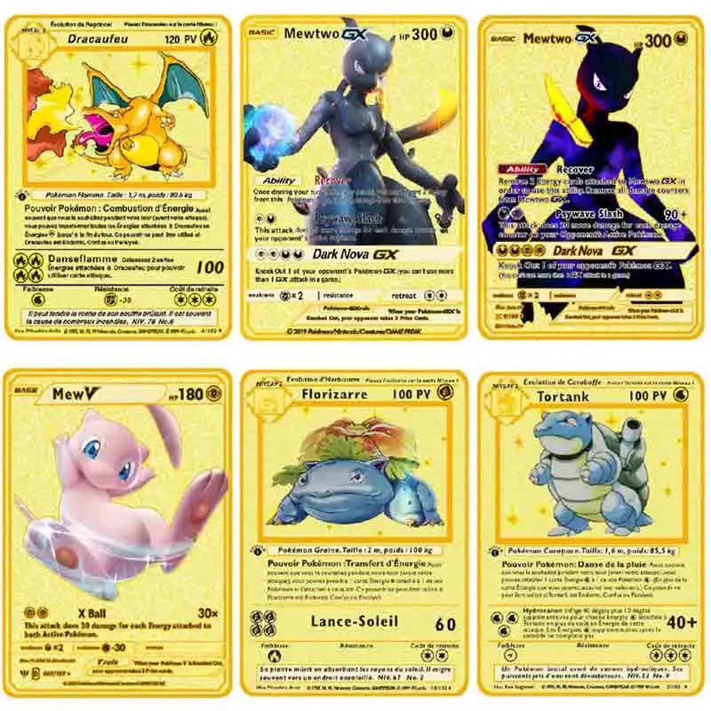 Juego de cartas de Pokemon para Metal dorado, colecci&oacute;n de cartas de acci&oacute;n de Pok&eacute;mon, juego de Anime, Kaarten, Mewtwo, Charizard, Pikachu, Battle, Pokemon Gold-0