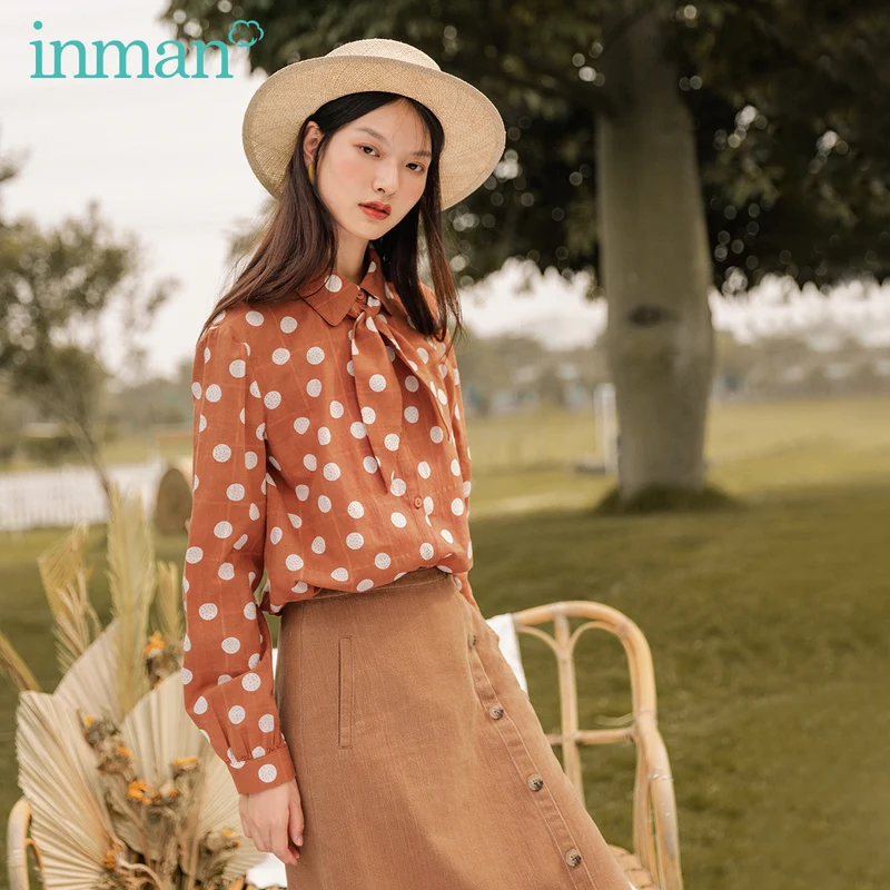 INMAN/весенне-осенняя модная свободная хлопковая блузка в горошек во французском