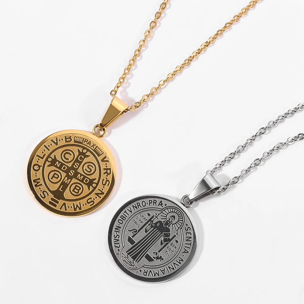 

Classic Saint Benedict Medal Pendant Necklace Women Men Stainless Steel Bible Cross Necklace Christian Religious Jewelry