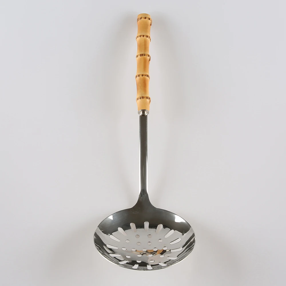 

Kitchen Cooking Stainless Steel Bamboo Wooden Handle Large Serving Draining Frying Strainer Ladle Colander Skimmer Slotted Spoon