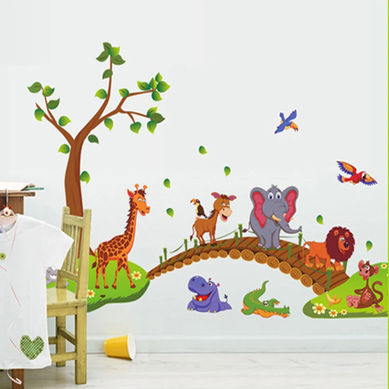 Cartoon Animals Bridge Wall Stickers for Kids Rooms Decoration Vinyl Home Decor Wall Cover Posters
