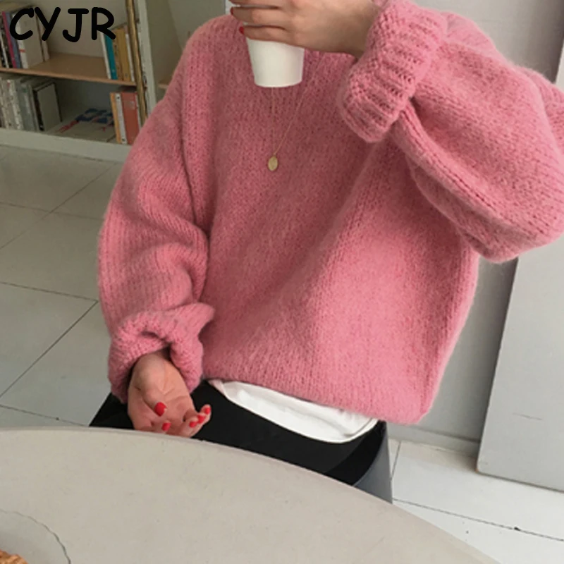 

Pink Women Sweater Pullover Female Knitting Overszie Sweaters Long Sleeve Girls Loose Elegant Knitted Thick Outerwear Plus Size