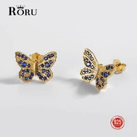 sterling silver 925 stud earrings blue zircon butterfly gold ear jewelry trendy sweet earrings gift for women