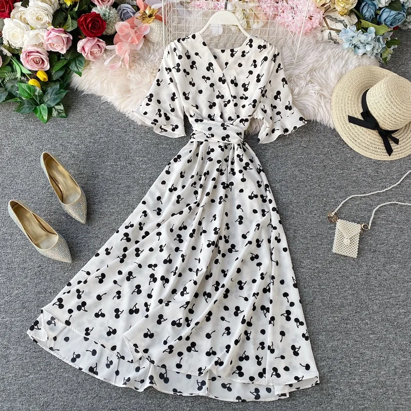 

Casual 2021 New Spring Summer Women's Cherry Print Dress High Wasit Bandage Short Sleeve V Neck Chic Seaside Dress