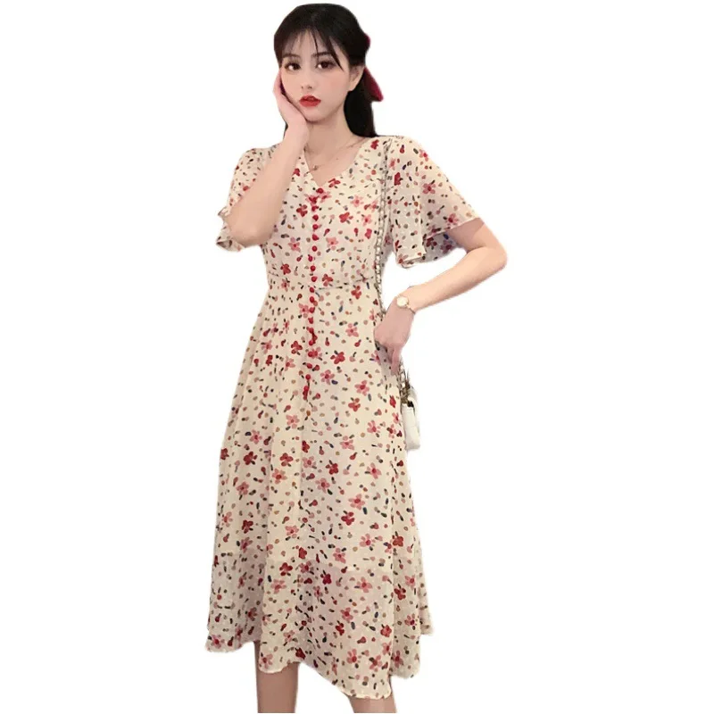 

2021 Summer Fashion Women Dress V-Neck Short Sleeve Large Size Dress Female Printing Chiffon Long Skirt Ladies Y696