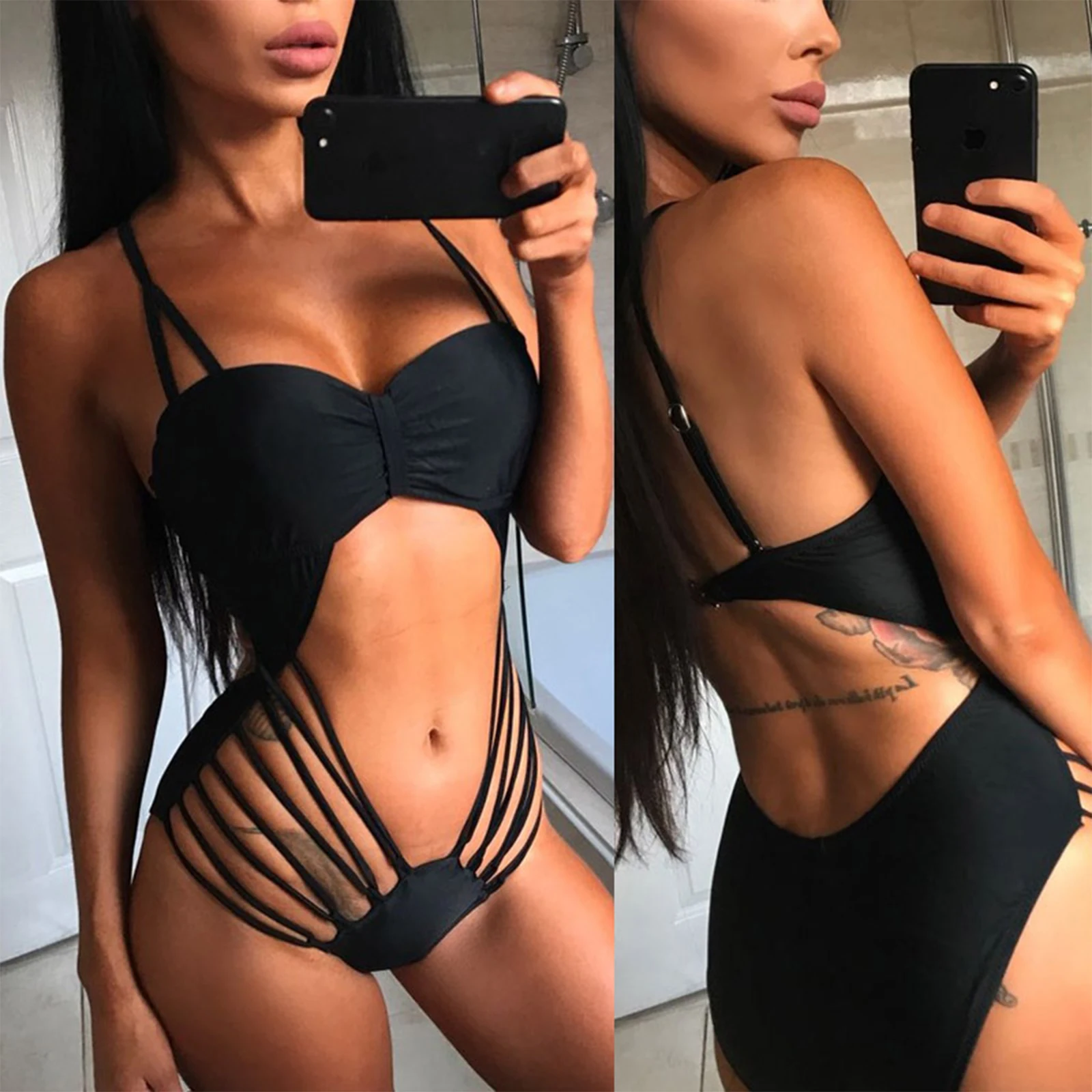 

Foohoostore Womans Sexy Hollowed-out One-piece Swimsuit Solid Color Lace-up Pleated Backless Elastic Slim Sling Bikini Monokini