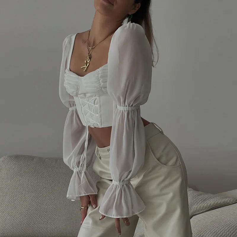 

Women Fashion Casual Shirt Blouse Solid Color White Mesh Spliced Long Sleeve Square Collar Tie-up Exposed Navel Crop Tops Autumn