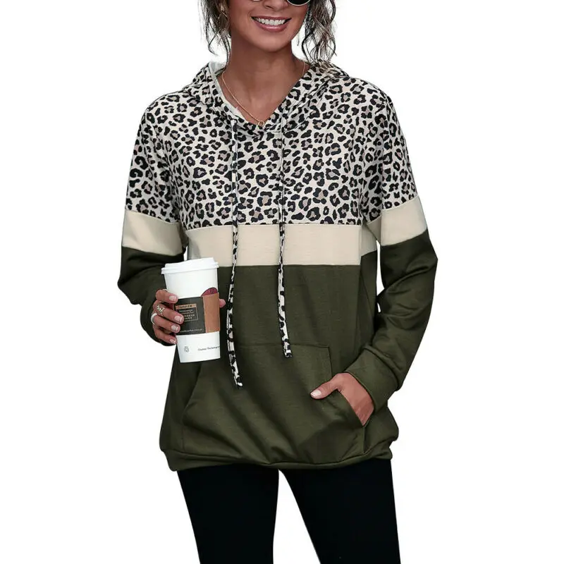 

Womens Hooded Casual Pullover Jumper Colorblock Pocket Tops Hoodie Loose Shirt