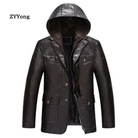 russia winter leather jacket men thick hooded leather jacket male luxury windbreaker coat
