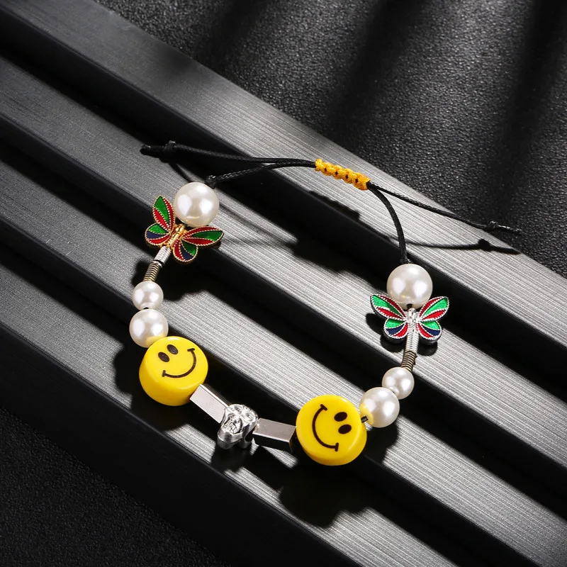 

HANGZHI 2021 NEW Japanese style hip-hop personality dice imitation pearl butterfly skull expression beaded necklace bracelet