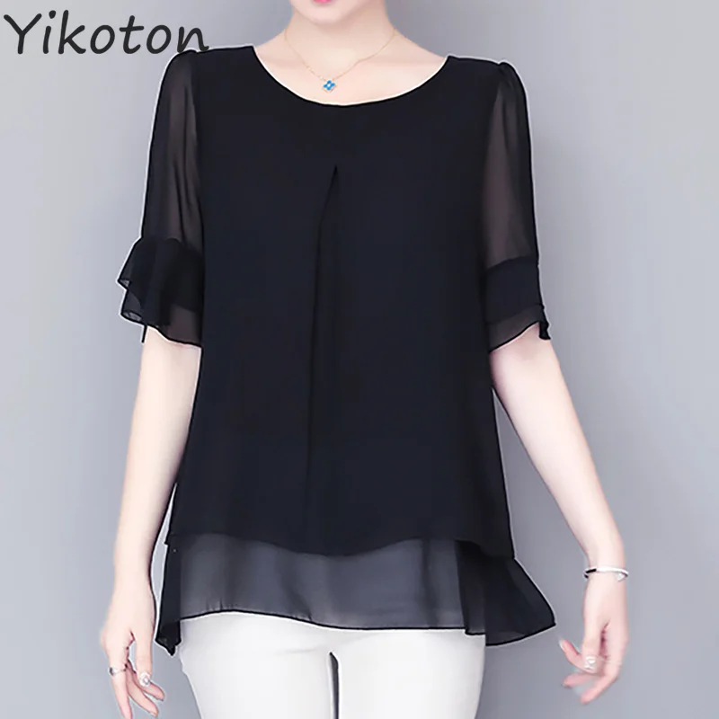 

Summer Loose Solid Black Blouse Casual Chiffon Women's Shirt Plus Size 5XL O-Neck Elegant Lotus Sleeve Blusa Camisas de Mujer