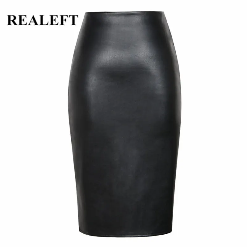 Женская юбка карандаш из искусственной кожи REALEFT зеленая элегантная средней