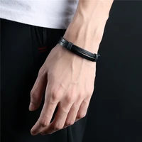 simple creative european american fashion stainless steel black men original gifts bracelet diy weave pu leather jewelry 2021