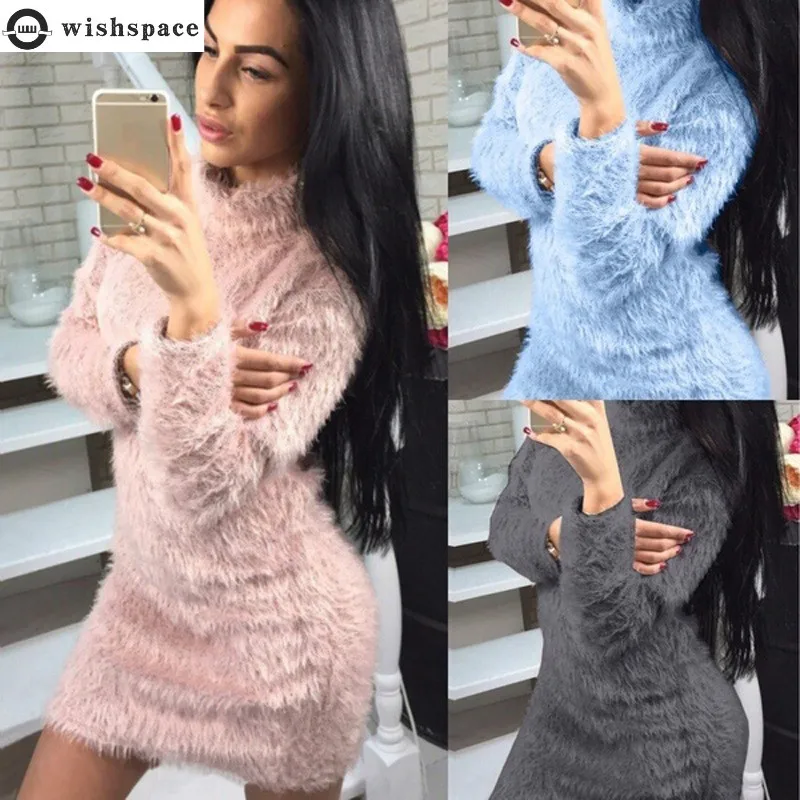 

Wishspace euramerican plush turtle neck long sleeve sweater dress fashionable woman autumn winter dress