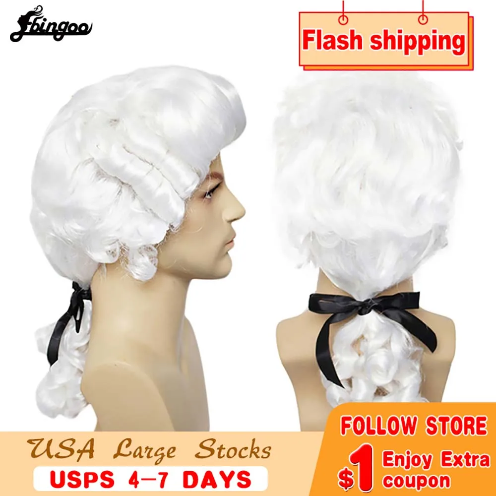 Ebingoo White Lawyer Judge Baroque Curly Male  Costume Wigs Deluxe Historical Long Synthetic Cosplay Wig for Halloween + Wig Cap