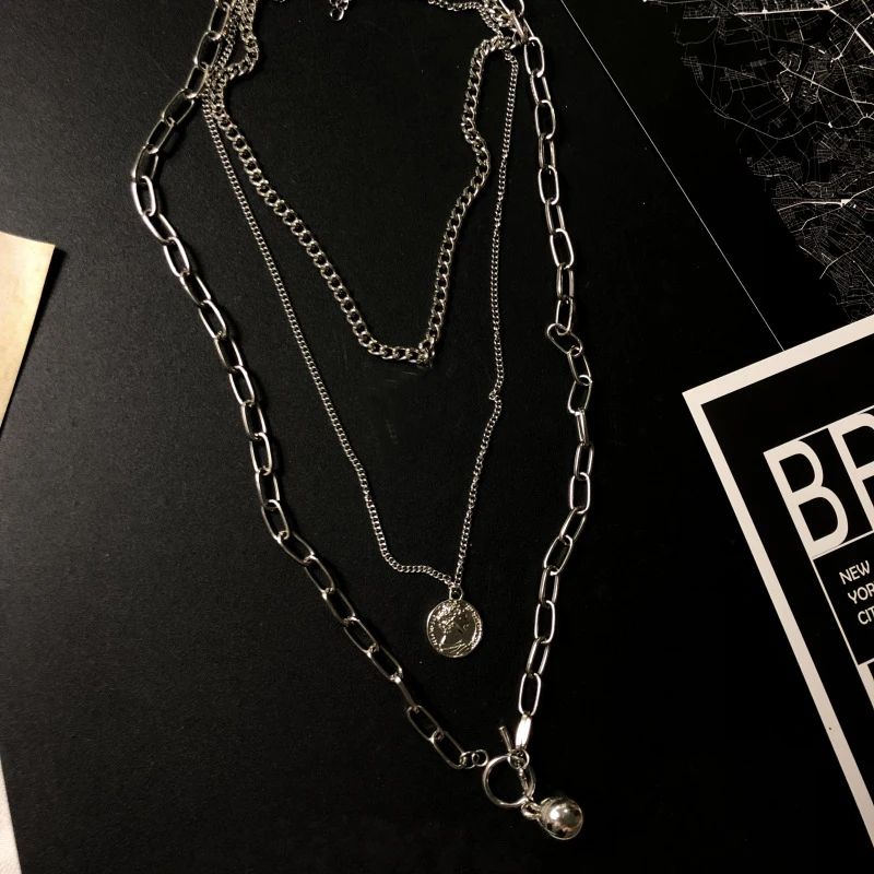 

New Trendy Metal Ball Coin Cross Pendant Multi-layer Punk Design Long Chain Necklace For Women men Jewelry Gifts