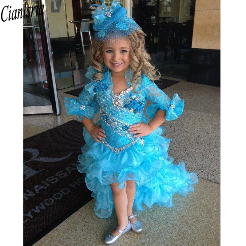 

High Low Beaded Pageant Gowns Short Girls Flower Dresses With Half Sleeves Wedding Knee Length Organza Ruffled Communion Dress