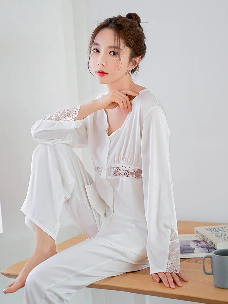 

Silk Pajamas for Women 2021 Spring Fashion High-Grade Lace Stitching Sleepwear 2 Piece Set V-neck Long Sleeve Simple Homewear