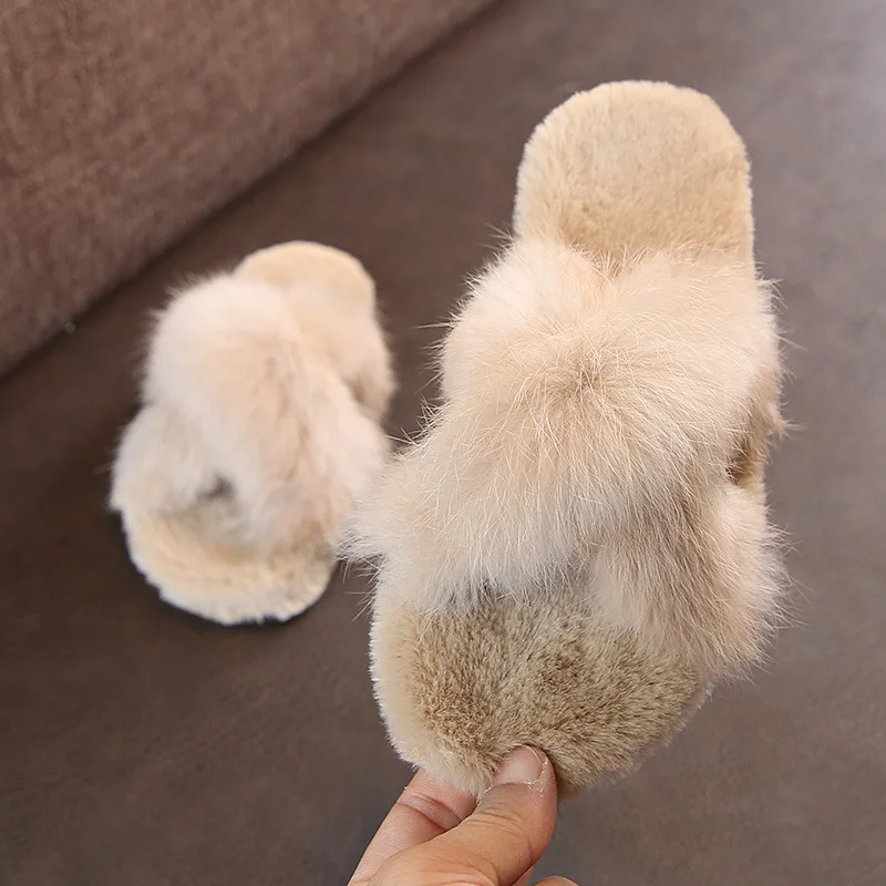Kids Shoes for Girl Fur Slippers Cute Outdoor Furry Girls Fashion Winter Slipper Flip Flops Non-slip 17-23cm | Детская одежда и