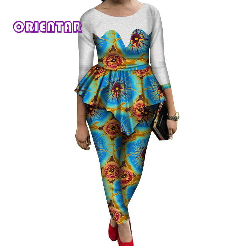 15 2 Pieces Sets Women African Pants Sets African Wax Print Long Sleeve Lace Tops and Pants Women Bazin Riche African Suits WY689 - Цвет: 15