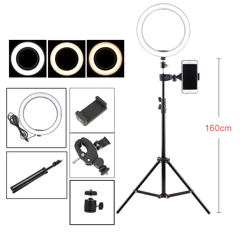 

10inch 26cm Photography Dimmable Ring Light Makeup Selfie LED Fill Light 2700-5500k Lamp With Phone Holder 160cm Tripod USB Plug